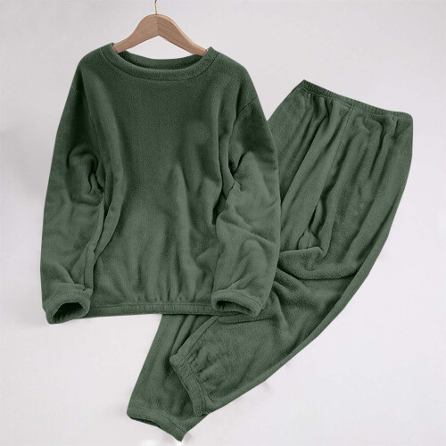 Γυναικείο Σετ Πιτζάμας Φανέλας με V-Neck, Μακρυμάνικο, Κλασικό Χακί, Άνετο, Ζεστό, 1