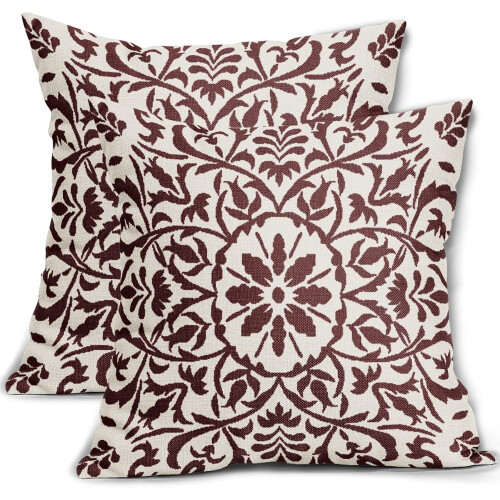 Καφέ μαξιλαροθήκες Boho 16x16", Vintage εκτύπωση λουλουδιών, λινά τετράγωνα μαξιλάρια,