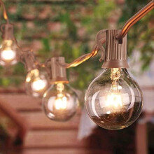 Cordão de luzes externas de 15 metros com 53 lâmpadas G40 transparentes, certificado pela UL, fio marrom – compatível com pátio, varanda,