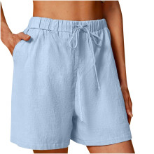 Lässige Damen-Shorts aus Baumwoll-Leinen-Mischgewebe, einfarbig, bequem, elastisch, weites Bein
