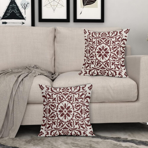 Conjunto de 2 capas de almofada boho bordô em linho, 45x45 cm (18x18 polegadas). 2