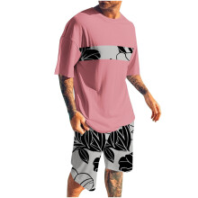 Conjunto de shorts masculino, 2 peças, gola redonda, estampa, esportivo, slim, cintura elástica, blusa de manga curta com gola redonda.