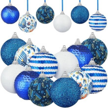 12pcs 1.97" Hanukkah Ball Ornaments – White & Blue Star of David, Menorah & Hexagram Tree Decor, Compatible with Chanukah & Xmas