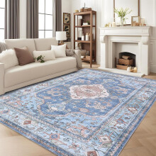 Area Rugs 8x10 - Machine Washable, Low Pile, Non Slip Carpet, Boho Floral Area Rug for Living Room, Bedroom, Laundry Room, Kitchen, Blue