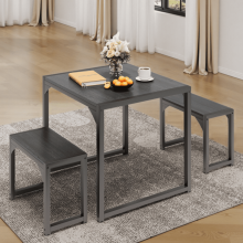 Compacte eettafelset voor 2 personen met 2 krukjes, 65 cm (25,6 inch) ruimtebesparend ontwerp - Metalen frame en houten blad voor kleine keukens en