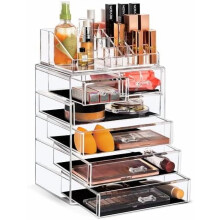 Ensemble de rangement de maquillage en acrylique à 6 tiroirs – Rangement cosmétique transparent pour pinceaux et bijoux ; compatible avec