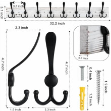 32.2'' Large Coat Rack Wall Mount Coat Hooks with 8 Metal Black Triple-Hooks Old White Pine Real Wood Plank Hat Rack for Wall Hooks