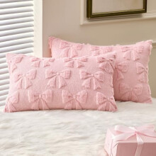 Set di 2 federe per cuscini con fiocco rosa, 30x50 cm, morbide e soffici in finta pelliccia.