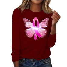 Weinrote Langarmshirts für Damen, 2024, Rundhalsausschnitt, Langarmshirt mit Brustkrebs-Print, Grafikprint, Größe M
