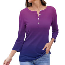 Lila Farbverlauf-Hemd mit Knopfleiste, langärmlig, V-Ausschnitt, einfarbig bedruckt, Polyester, Damenoberteil, Größe XXXL