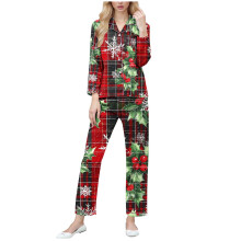 Damepyjamassæt med juleprint og knapper foran, blødt og strækbart nattøj, S-2XL, kompatibel med festloungewear