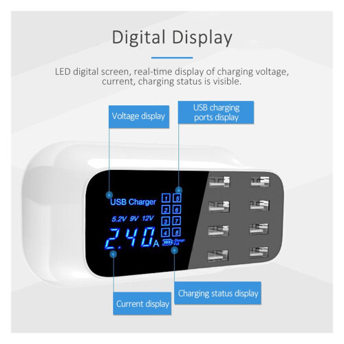 Σταθμός φόρτισης USB 8 θυρών με ψηφιακή οθόνη, προσαρμογέας γρήγορης φόρτισης 1
