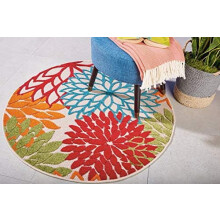 Home Aloha 4' Round Indoor/Outdoor Green Area Rug – Tropical Botanical, Easy-Cleaning, Non-Shedding, for Living Room, Patio, Deck (Compatible with