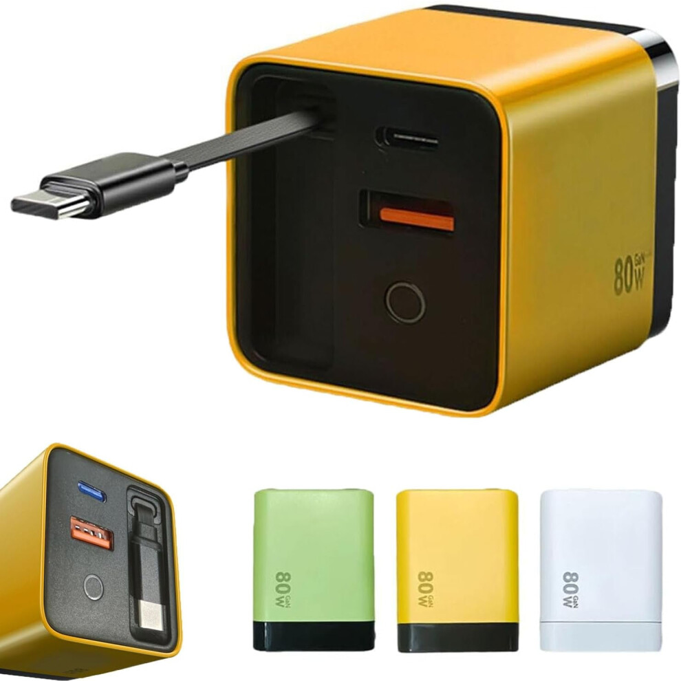 Civilzek 80W 3-In-1 Fast Charger With Retractable Type-C Cable & Usb Port Â Compatible With Usb-C Devices Yellow 9499224824560