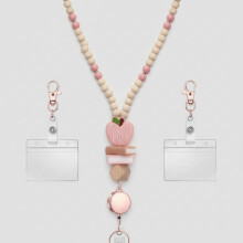 Lanière pour enseignante avec porte-badge, jolies lanières pour badges et clés, lanière rétractable en bois naturel avec perles pour femme