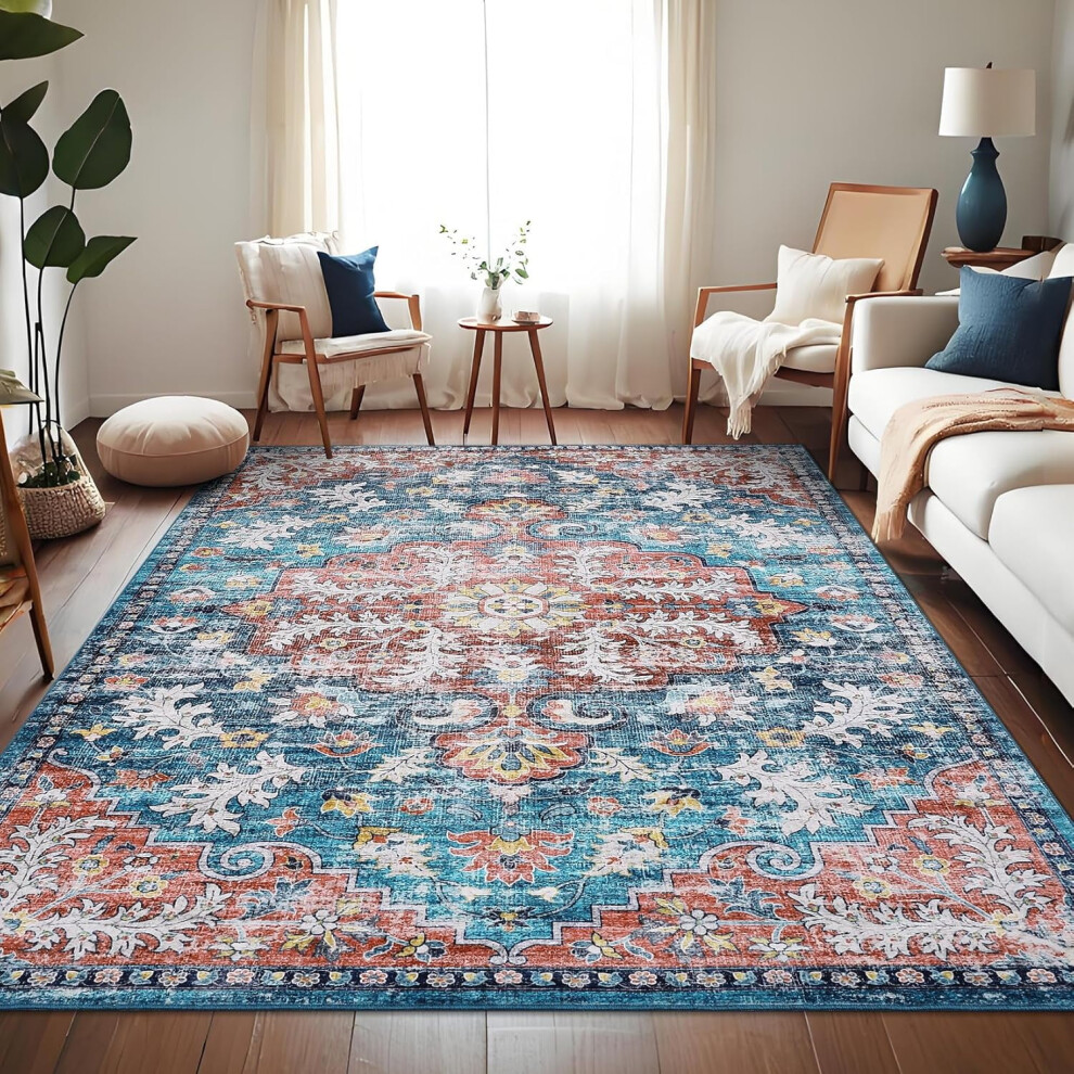 Ultra-Thin Washable Vintage Area Rug 5x7 Non-Slip Rug Oriental Medallion Non-Shedding Print Carpet Indoor Foldable Soft Floor Cover Dining Room Blue