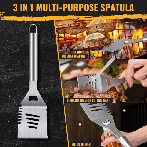 Conjunto de 3 peças de utensílios para churrasco em aço inoxidável reforçado de 16 polegadas – Compatível com todos os tipos de 2