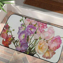 Tapete de entrada com estampa floral de ervilha-de-cheiro, efeito aquarela romântico, tapete decorativo com base antiderrapante, rosa claro e