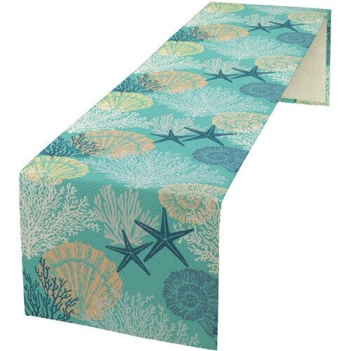 Toalha de mesa de praia com animais marinhos e estrela-do-mar, 33 x 274 cm (13 x 108 polegadas)