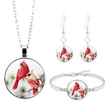 Ayyufe Pack Of3 Colgante de cabujón de vidrio con pájaro cardenal para mujer (collar, pulsera y pendientes)