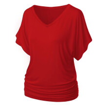 Blusa de manga corta para mujer, color liso, con cuello en V, cuello barco y mangas murciélago, con fruncido lateral.