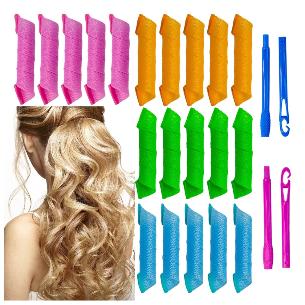 40PCS Heatless Hair Curlers (12") + 2 DIY Styling Hooks â Spiral & Wave Formers for Short/Medium Hair, Mixed Colors