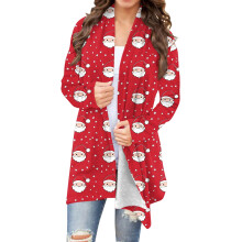 Gebreid damesvest met open voorkant – Kerstprint, lange mouwen, lichtgewicht en losse pasvorm – Casual loungewear en feestkleding voor de