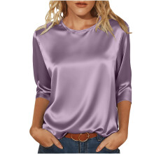 Satin-Pullover für Damen – 3/4-Ärmel, Rundhalsausschnitt, einfarbig, bequeme Freizeitkleidung, schmeichelhafte Passform, Frühling/Sommer