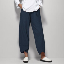 Blue Work Pants, Capri Pants for Women, Weekend Cotton Petite Work Pants, Loose Women Straight Summer Pants High Casual Waist Long Solid Cotton