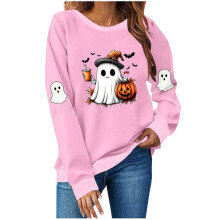 Moletom feminino confortável com capuz, estampa de Halloween de fantasmas e abóboras, manga longa e gola redonda.