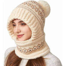 Cappello 3 in 1 da donna, con sciarpa e maschera, passamontagna antivento, berretto invernale foderato in pile, cappello da sci in maglia (beige)