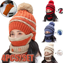 4PCS femei iarna cald tricotat Beanie pălărie touchscreen mănuși eșarfă mască set cu fleece căptușit craniu șaluri gât eșarfe