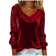 Top de mujer, blusa tipo jersey de manga larga con cuello en V y patchwork de lentejuelas, top informal con detalles brillantes para un uso diario