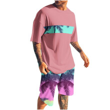 Conjunto de shorts masculino, 2 peças, gola redonda, estampa, esportivo, slim, cintura elástica, blusa de manga curta com gola redonda.