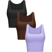 Conjunto de 3 piezas de camisetas cortas acanaladas para mujer - Camiseta corta sin costuras con cuello cuadrado para entrenamiento y yoga.