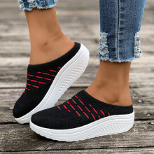 Damessandalen met sleehak, sandalen met sleehak voor dames, modieuze casual ronde slippers met comfortabele zool voor dames, strandschoenen, zwarte