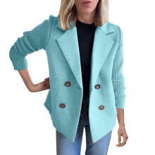 Cardigan-Blazer für Damen, lässiger, kurzer, zweireihiger Cardigan-Blazer mit Reverskragen und Patchwork-Ärmeln, hellblau, Größe XXXL