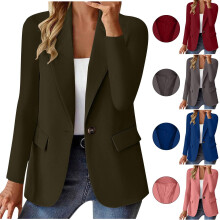 KBODIU Damen-Tops, Anzüge, Freizeitblazer, offene Vorderseite, lange Ärmel, Business-Jacken, Bürojacken, Taschen, Revers, Knopfleiste, Glasgrün,