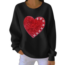 Damen-Sweatshirt zum Valentinstag mit Herzprint, geripptem Rundhalsausschnitt, lässigem Langarm-Pullover