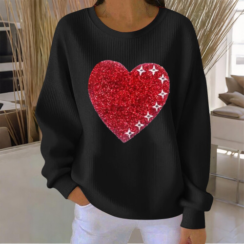 Felpa da donna a coste con scollo rotondo e cuore per San Valentino, lunga 1