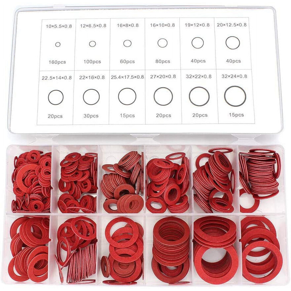 Fiber Washers Assortment, 600 Pcs Red Steel Paper Fiber Flat Washers Kit Assorted Insulation Gasket 9496895910394