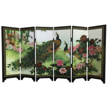 Fából készült, 6 paneles, páva mintás szobaparaván, összecsukható válaszfal, ajándék asztali dekoráció