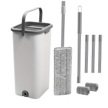 Wischmopp- und Eimer-Set mit Auswringer, 3 waschbaren Mikrofaserpads, für Nass- und Trockenreinigung, + Toilettenbürste und Halter – kompatibel