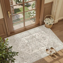 Washable 3x4 Entry Rug, Vintage Floral Indoor Door Mat for Entryway/Kitchen/Bathroom, Non-Slip Rubber Backing, Beige/Brown
