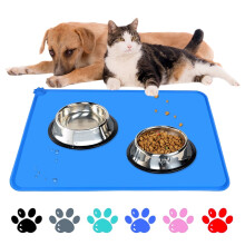 Silicone Dog Cat Bowl Mat - 18.5" x 11.5" - Non-Slip Waterproof Pet Feeding Mat - Black - Blue