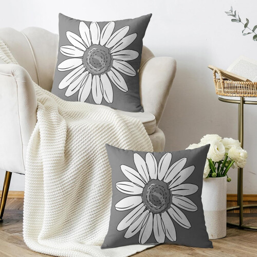 Conjunto de 2 capas de almofada cinza e branca com estampa de margaridas, 45x45cm (18x18 polegadas). 2