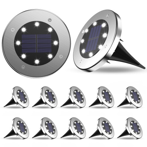 12er-Pack Solar-Bodenleuchten, 8 LEDs, Edelstahl, IP65