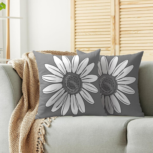 Conjunto de 2 capas de almofada cinza e branca com estampa de margaridas, 45x45cm (18x18 polegadas). 1