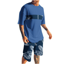 Conjunto de shorts masculino, 2 peças, gola redonda, estampa, esportivo, slim, cintura elástica, blusa de manga curta com gola redonda.
