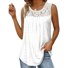 Débardeurs d'été pour femmes, coupe ample, tuniques plissées, col rond, sans manches, tops en dentelle, ourlet arrondi, fluides, blancs, taille
